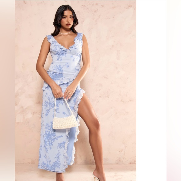 Floral Ruffle Maxi Dress in Light Blue - Picture 1 of 4